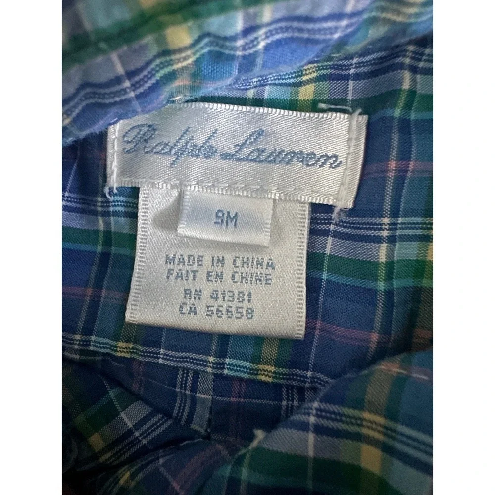 Ralph Lauren Baby Button Down Plaid Dress Shirt Size 9M Blue Preppy Classic